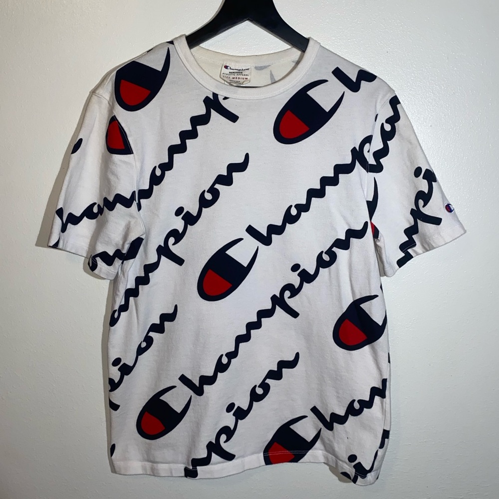 Champion Heritage White Short Sleeve Tee With Retro Logo Print All Over Shirt- M